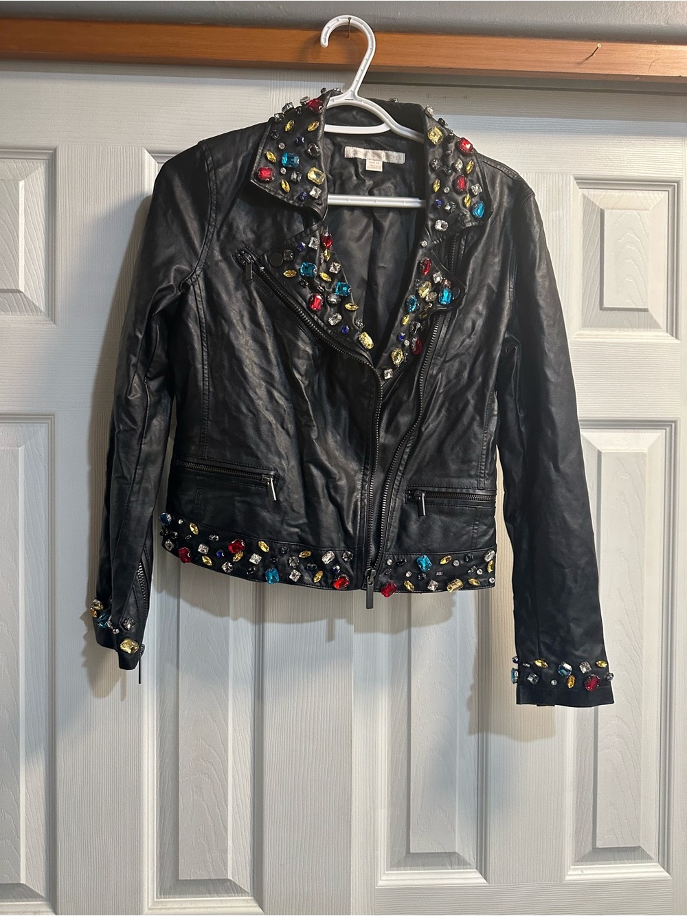 Boston Proper Black Leather Moto Jacket with Colorful Jewel Embellishments